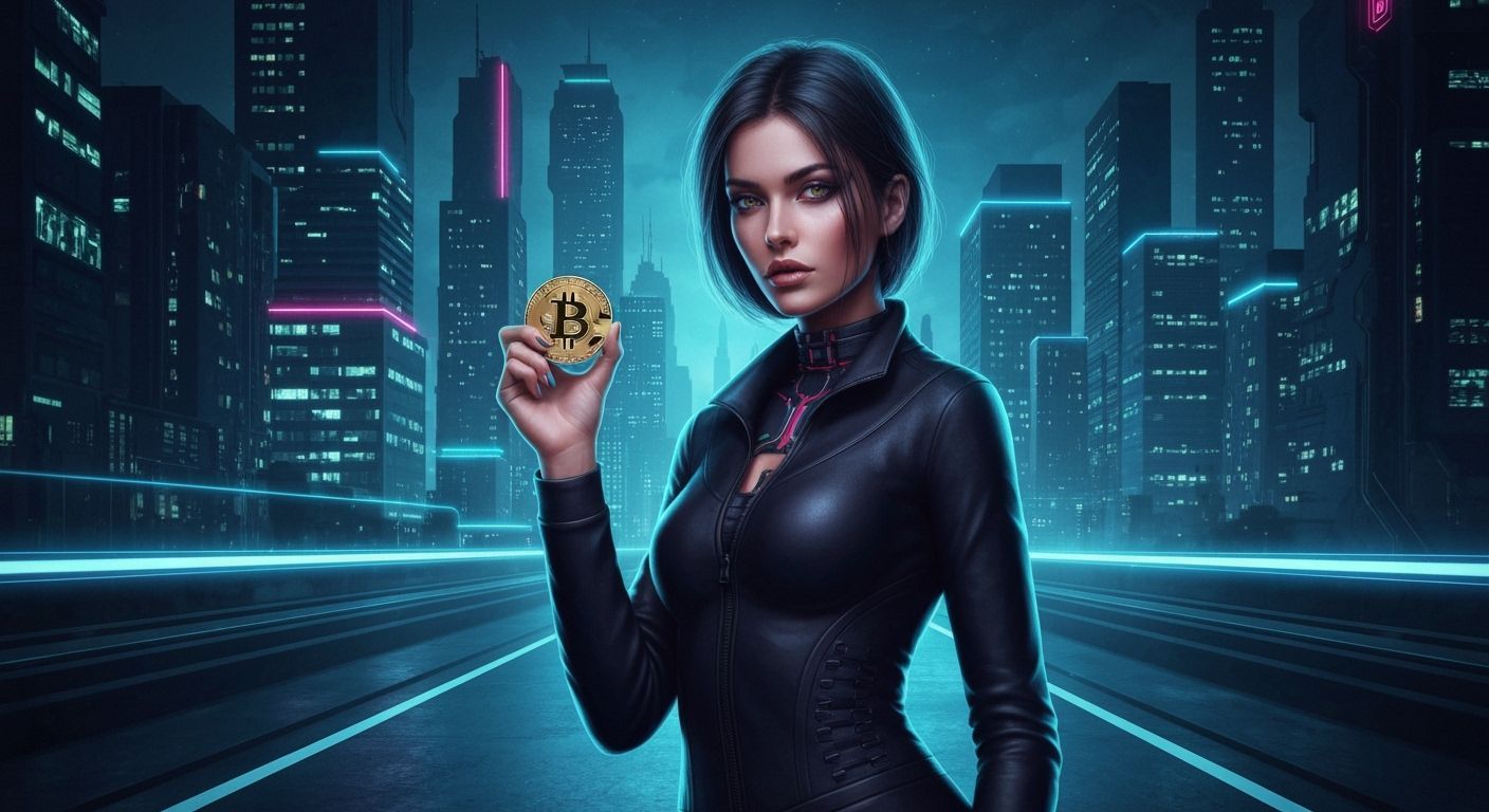 Futuristic Fashion Model with Bitcoin in Cyberpunk Cityscape