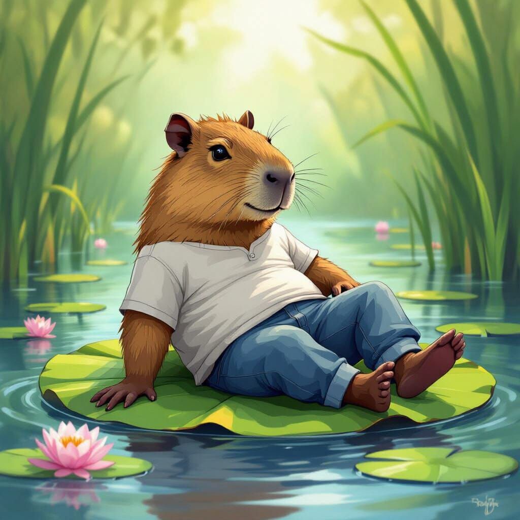 Capybara Lounging on Lily Pad: Vibrant Art