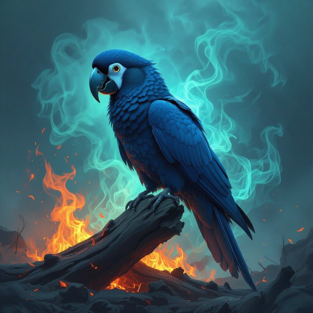 Fiery Dark Blue Parrot in Eerie Landscape