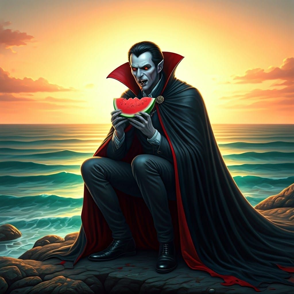 Vampire Devours Watermelon on Beach at Sunset
