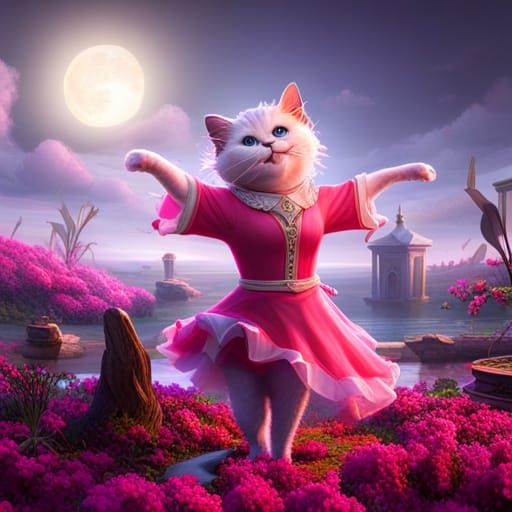 Dancing Cat in Pink Dress: Fantasy Concept Art