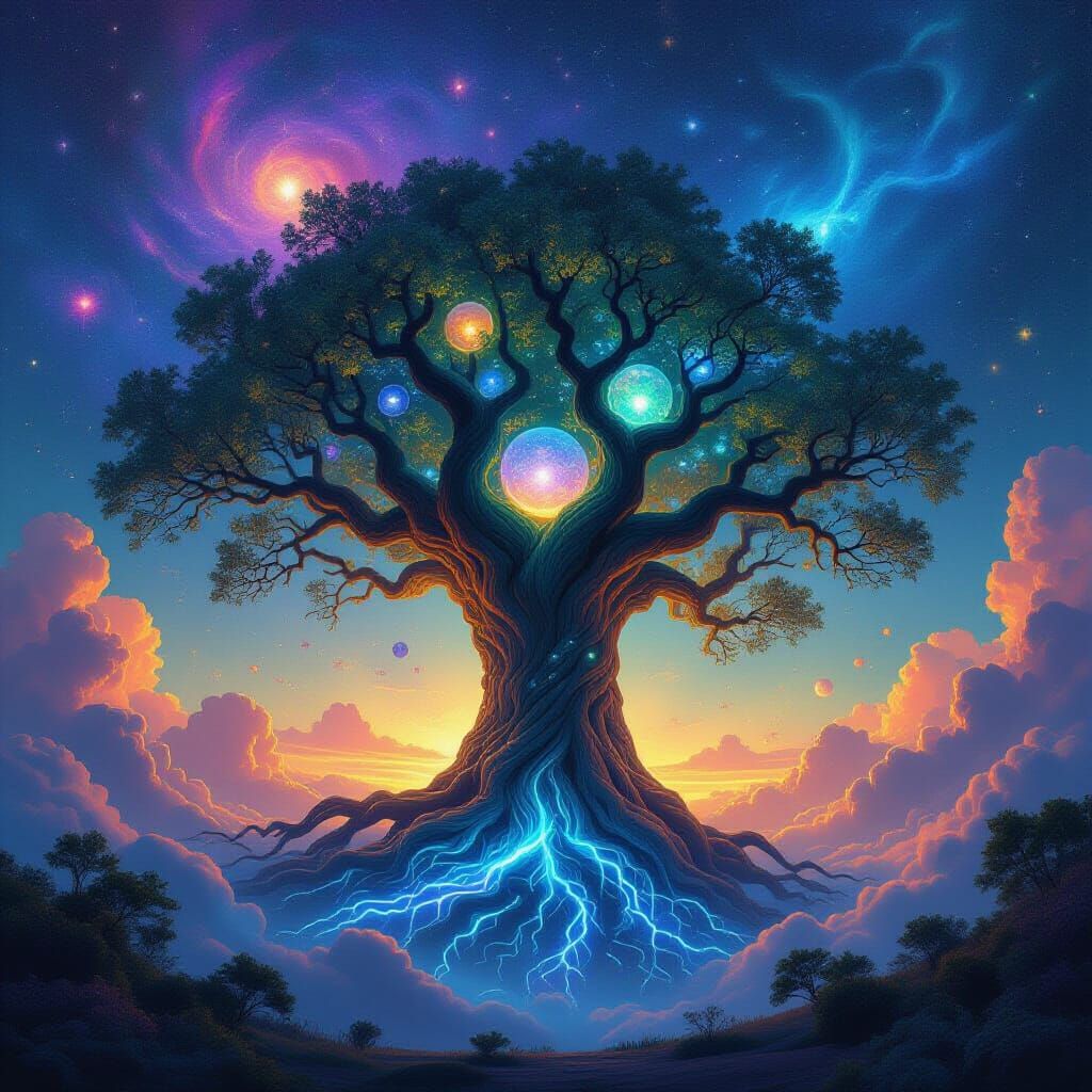 Cosmic Tree with Bioluminescent Roots and Planets