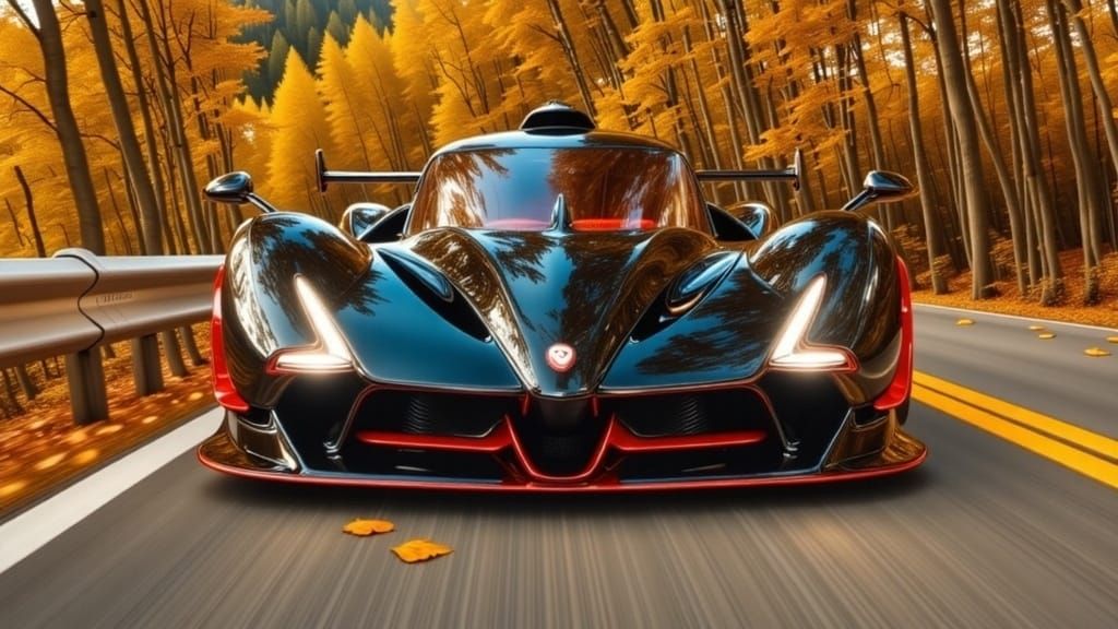 Crimson Tuatara Supercar Speeds Through Autumn Forest