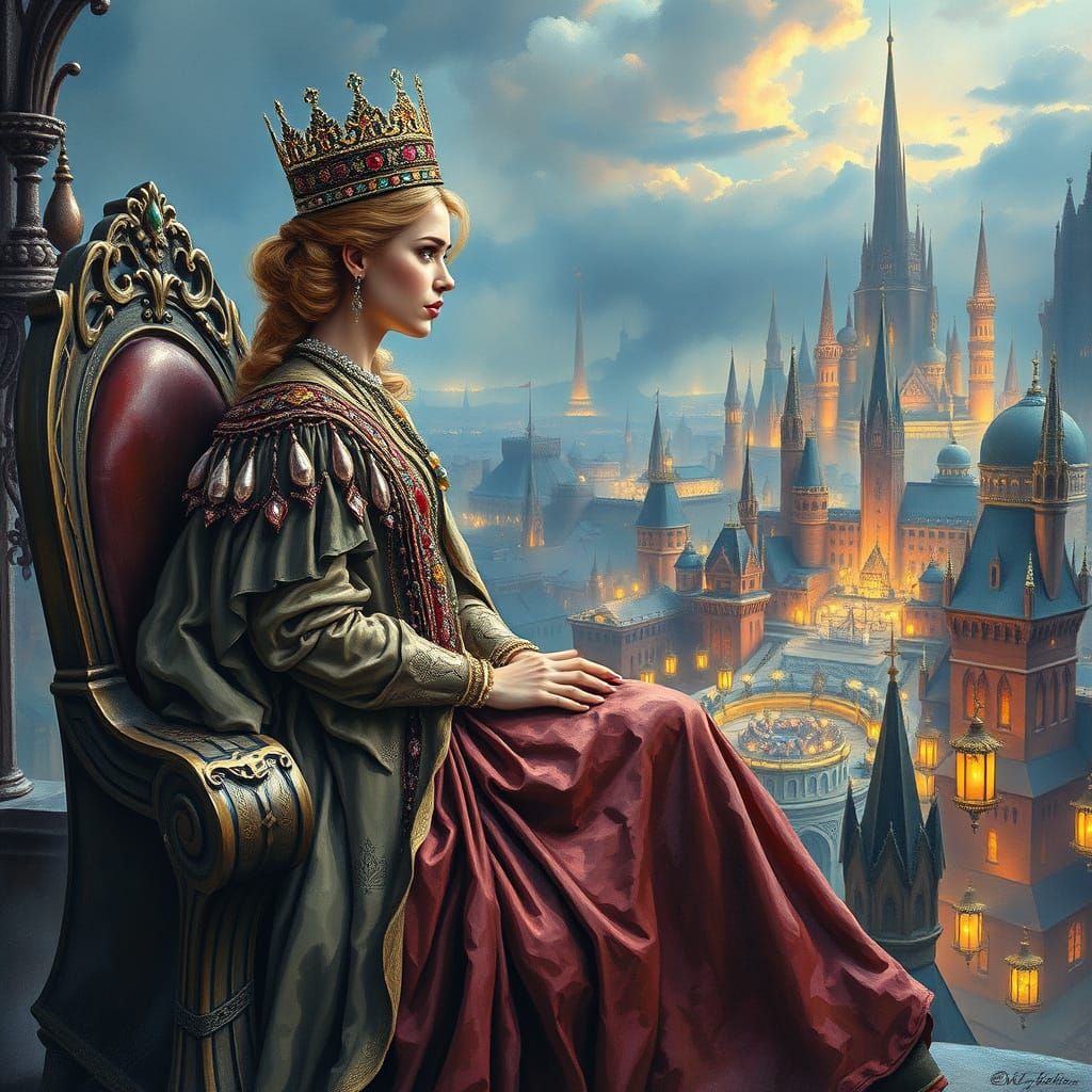 Regal Queen Over Cityscape in Maximalist Style