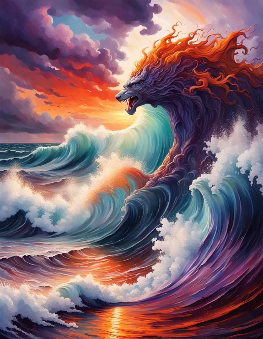Mythical Figure at the Turbulent Sea in Splash Art