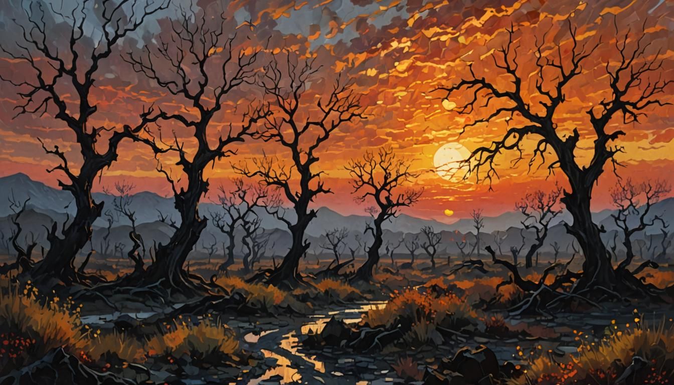 Surreal Dawn Over Dark Landscape in Impressionist Style