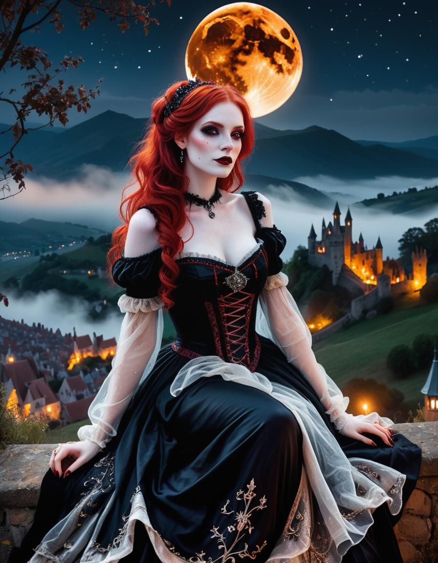 Gothic Vampire Girl Overlooking Castle on Starry Night