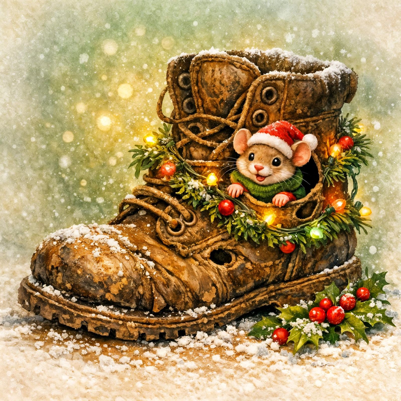 Cozy Christmas Boot Hearth with Festive Mouse