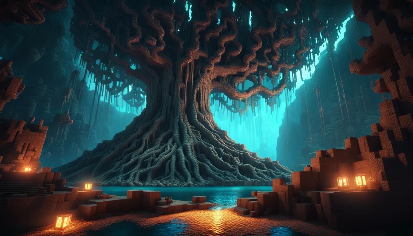 Diamond Tree in Bioluminescent Minecraft Cave