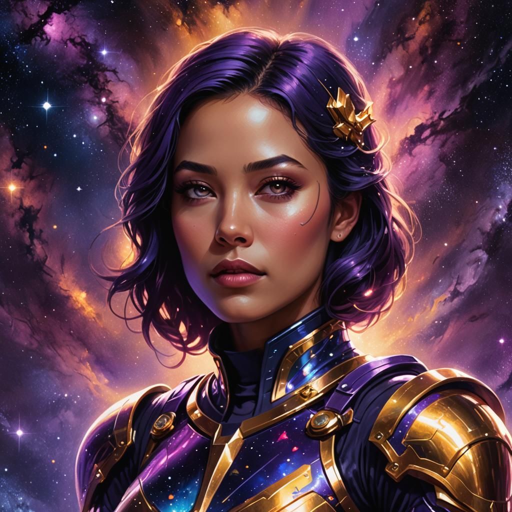 Woman in Galaxy Armor: Kelly Freas Style Illustration