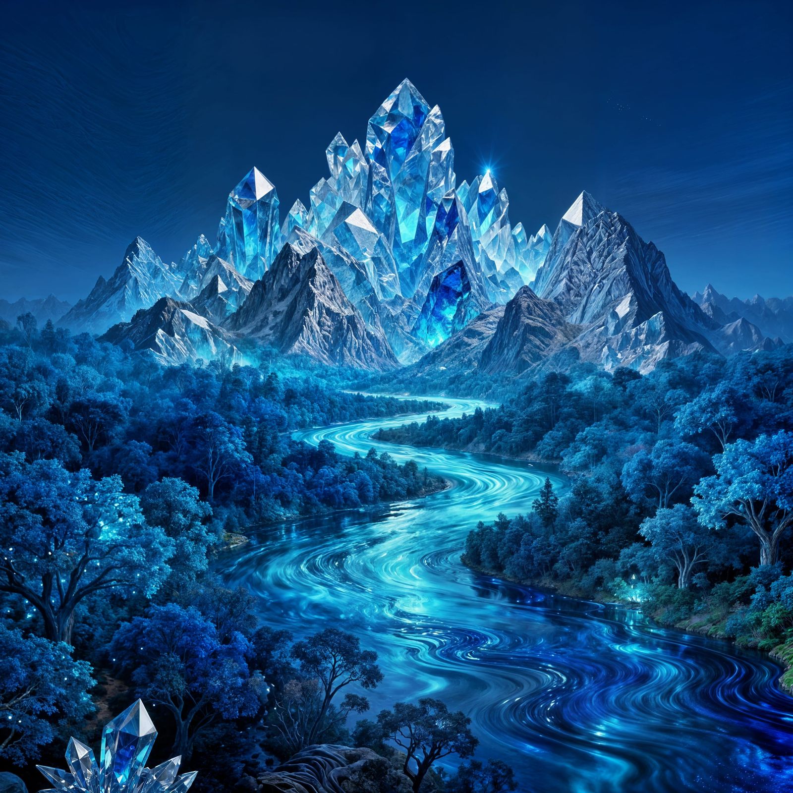 Surreal Sapphire Landscape: Mountains, Forests, and Rivers