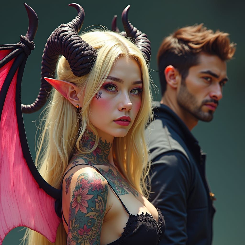 Demonic Blonde Woman with Braided Hair and Tattoos