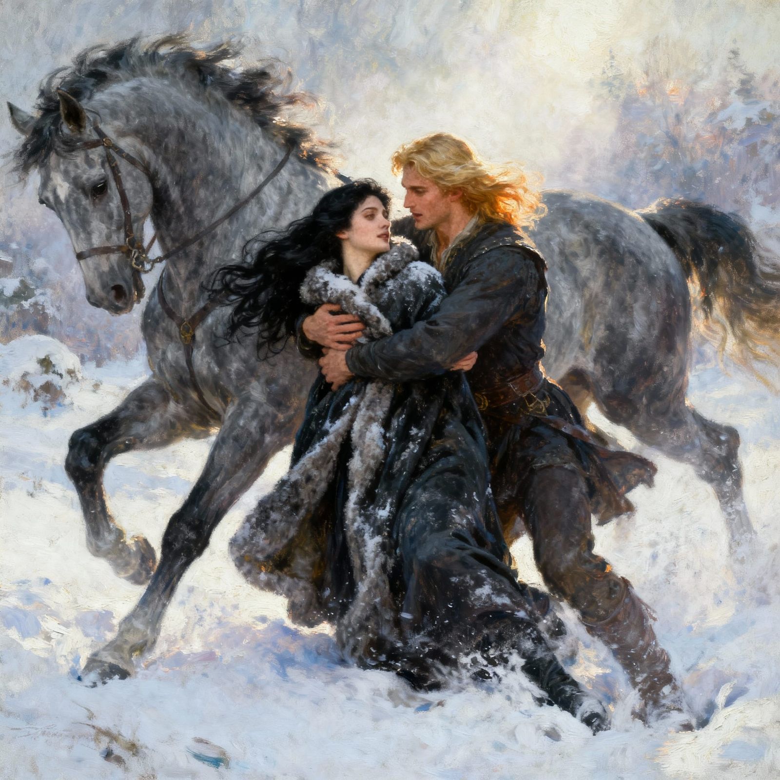 Romantic Oil Painting: Woman Falls From Horse, Man Catches H...