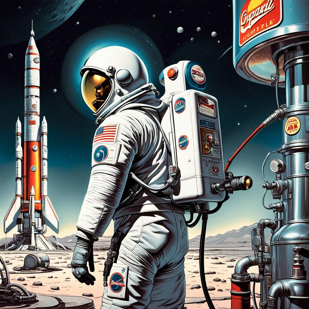 Retro-Futuristic Astronaut Refuels Rocket in Comic Book Styl...