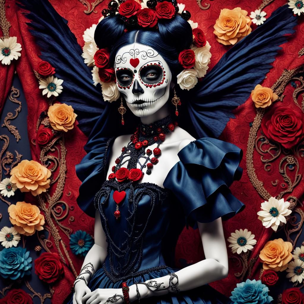 Santa Muerte in Elaborate Red Fabric: Tim Burton Style