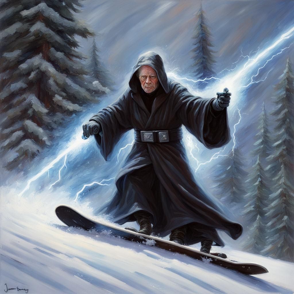 Palpatine Snowboarding with Force Lightning, Oil Painting