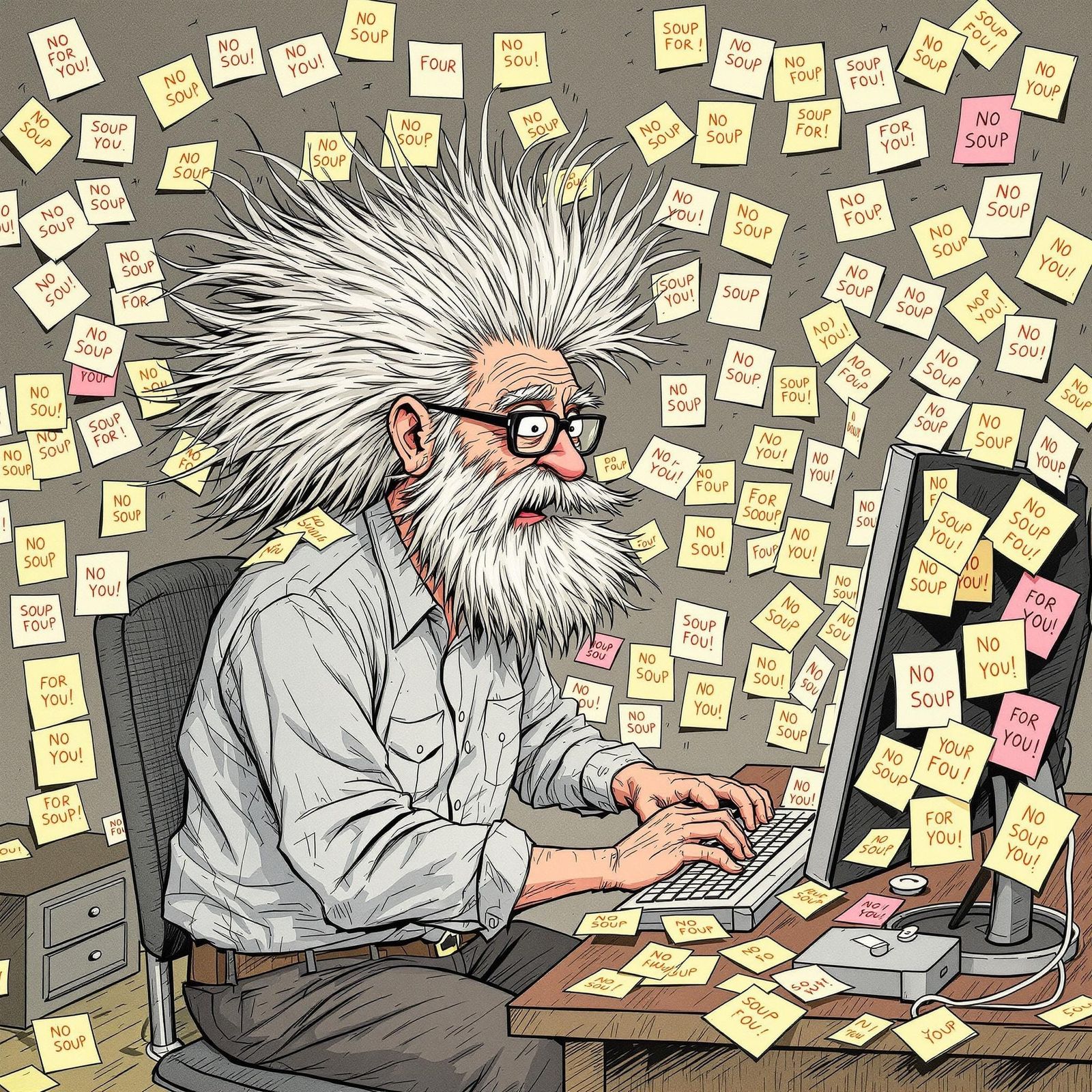 Frenzied Old Man Fuels Creativity with Chaos