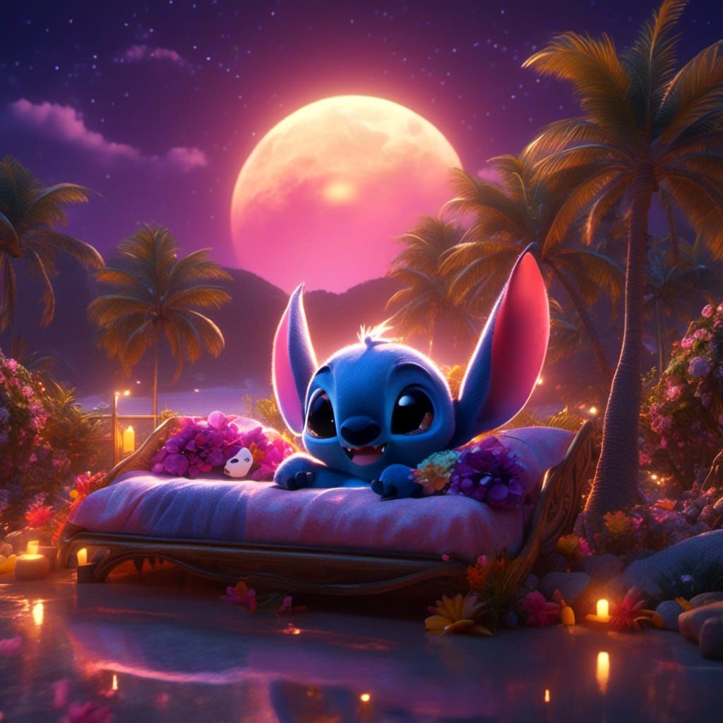 Disney Stitch Asleep in Cozy Beach Scene
