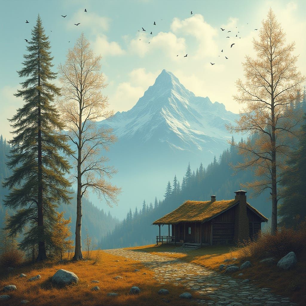 Serene Mountain Cottage Amidst Delicate Trees and Snow-Cappe...