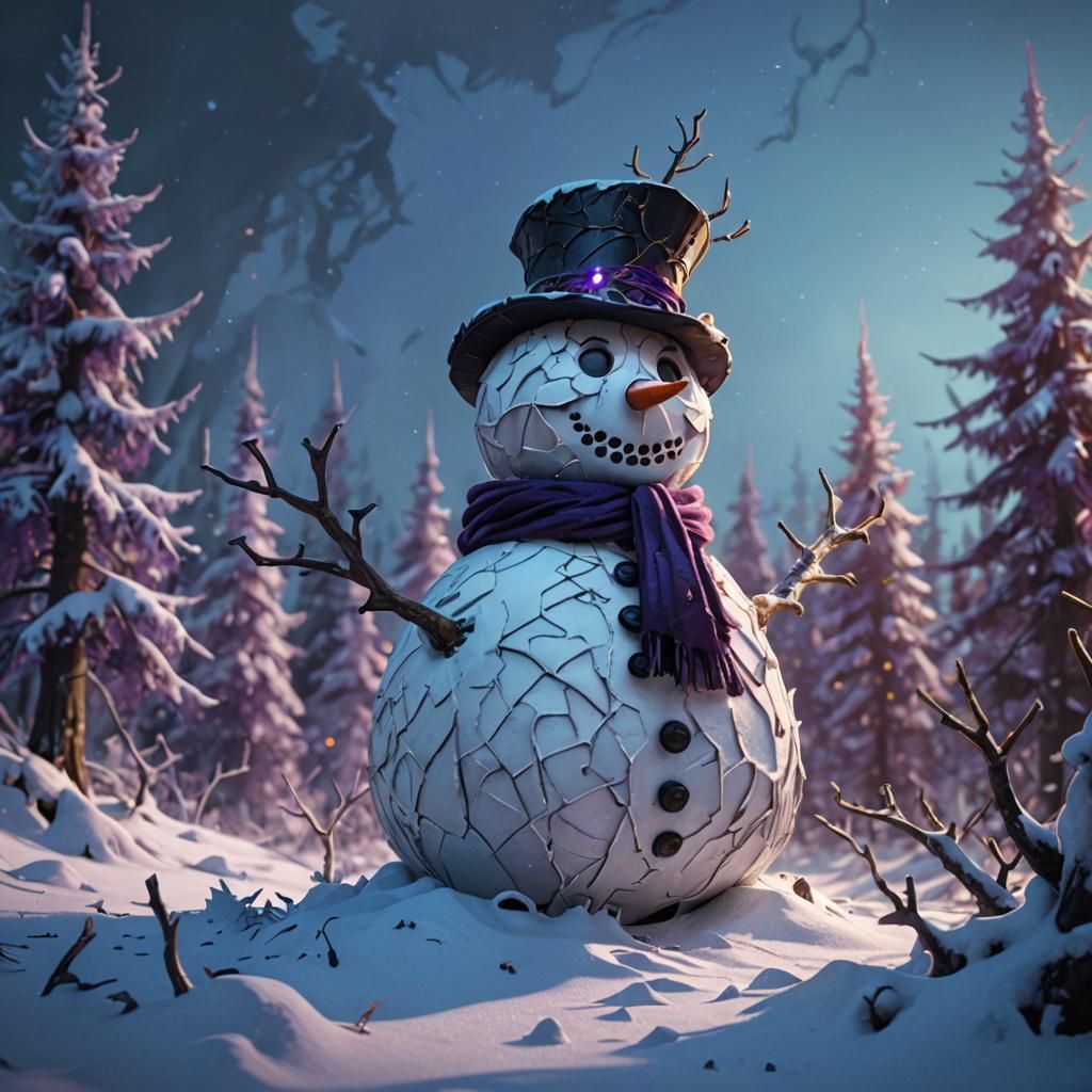 Surreal Dark Fantasy Snowman in Icy Landscape