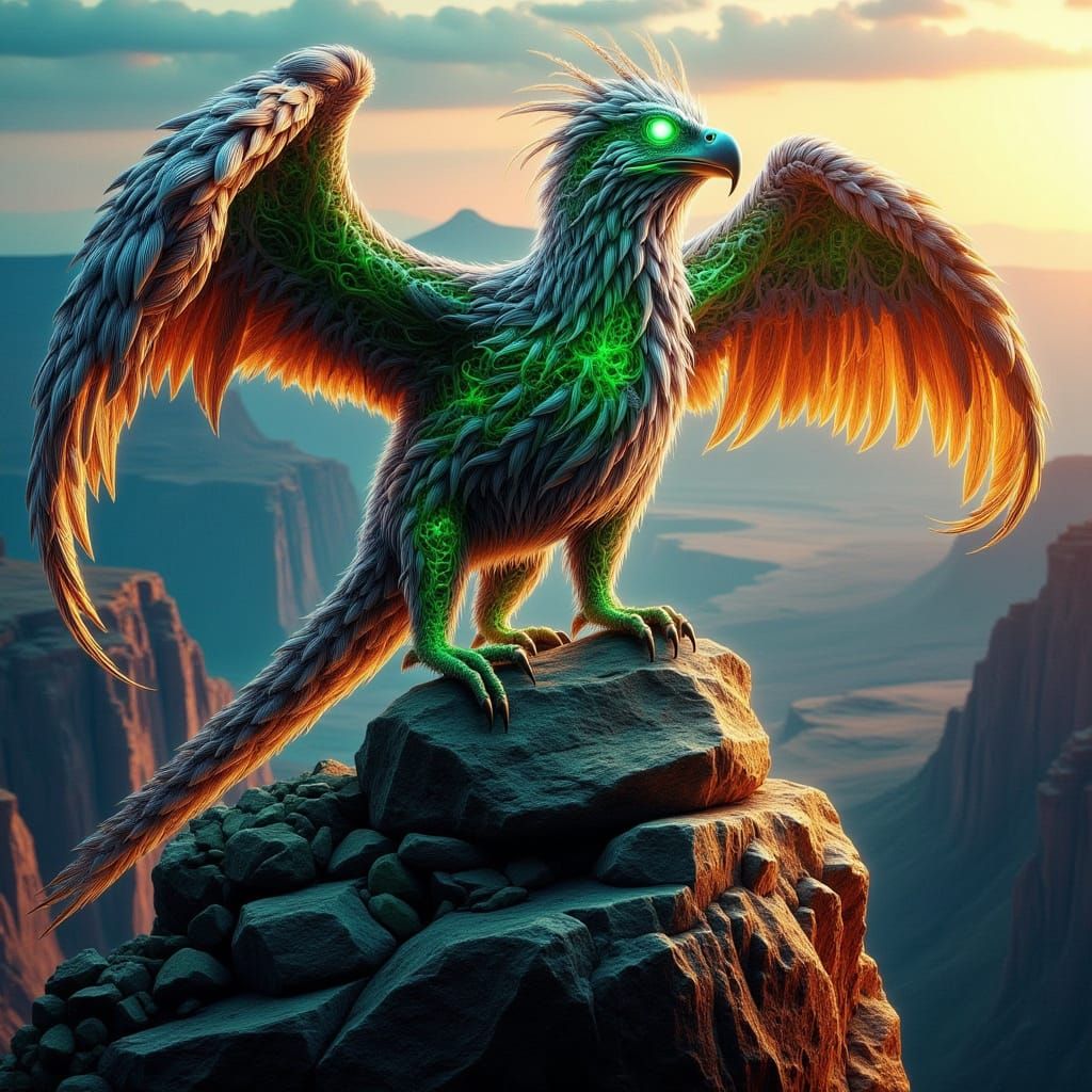 Hyper-Realistic Griffin with Glowing Eyes in Grand Canyon