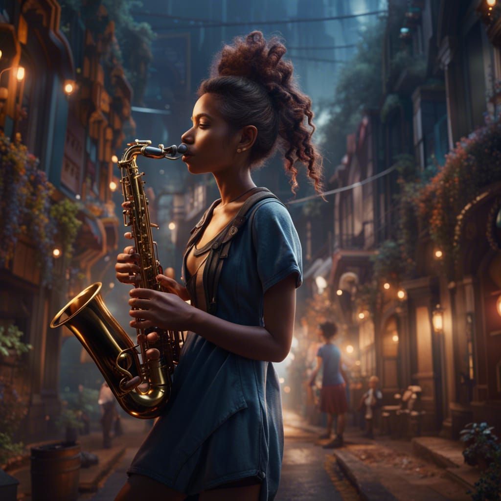 Girl Playing Saxophone: Detailed Fantasy Concept Art