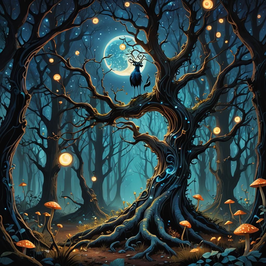 Mystical Creature in Moonlit Forest, Tim Burton Style