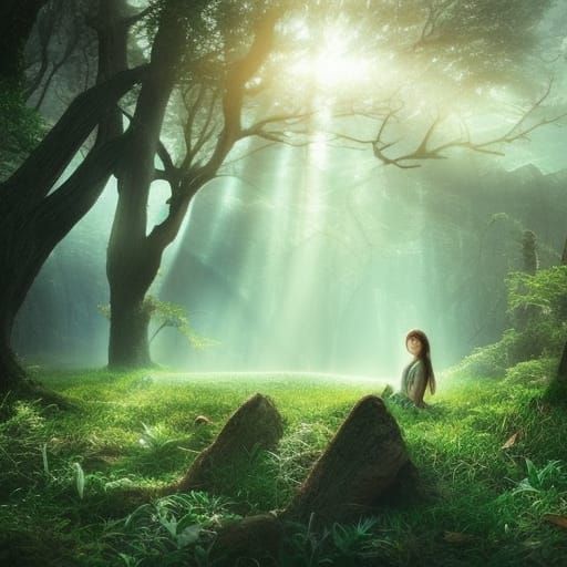 Forest Sun Rays Illuminate Pretty Girl