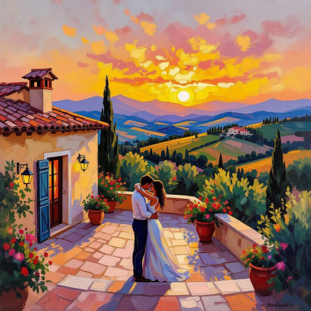 Sunset Villa Embrace in Impasto Gouache Style