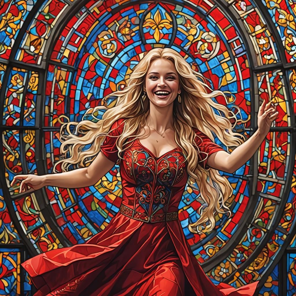 Voluptuous Woman Dancing Before Stained Glass Window