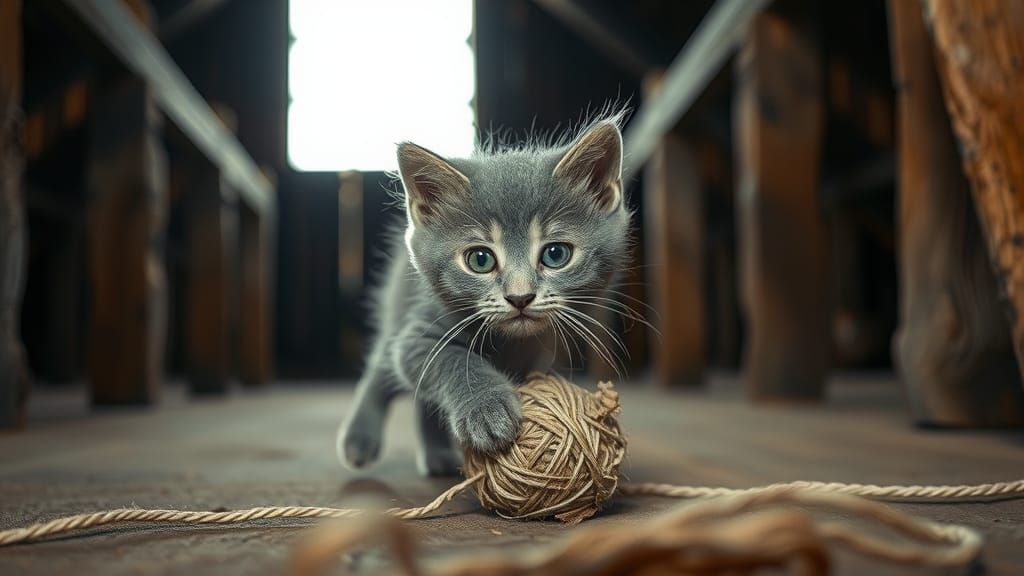 Adorable Kitten Pouncing in Barn, Leibovitz Style