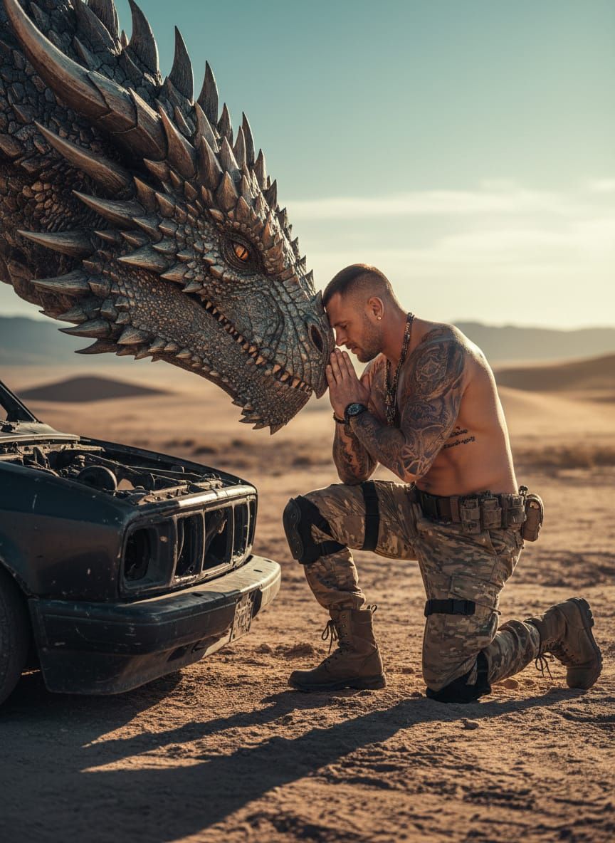 Man Kneels Beside Dragon in Sunlit Desert