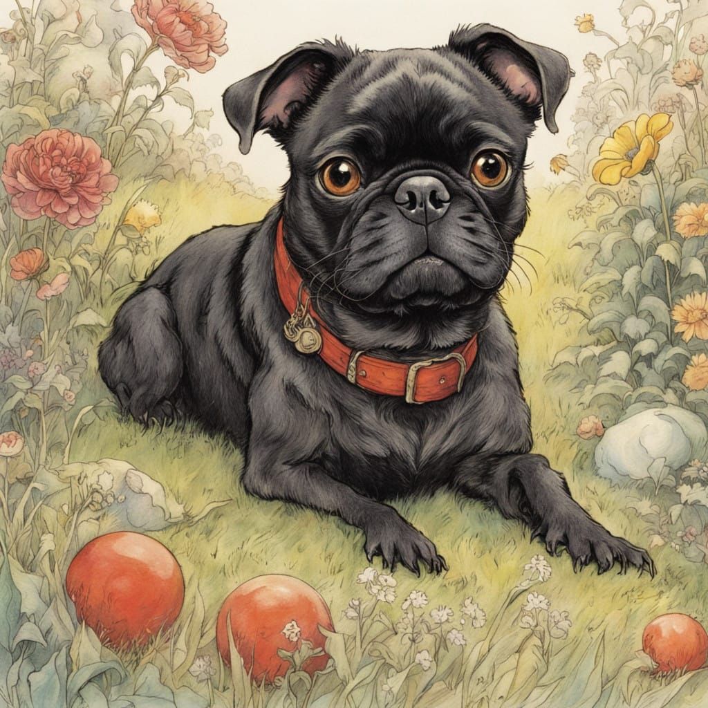 Whimsical Black Pug in a Sunny Meadow