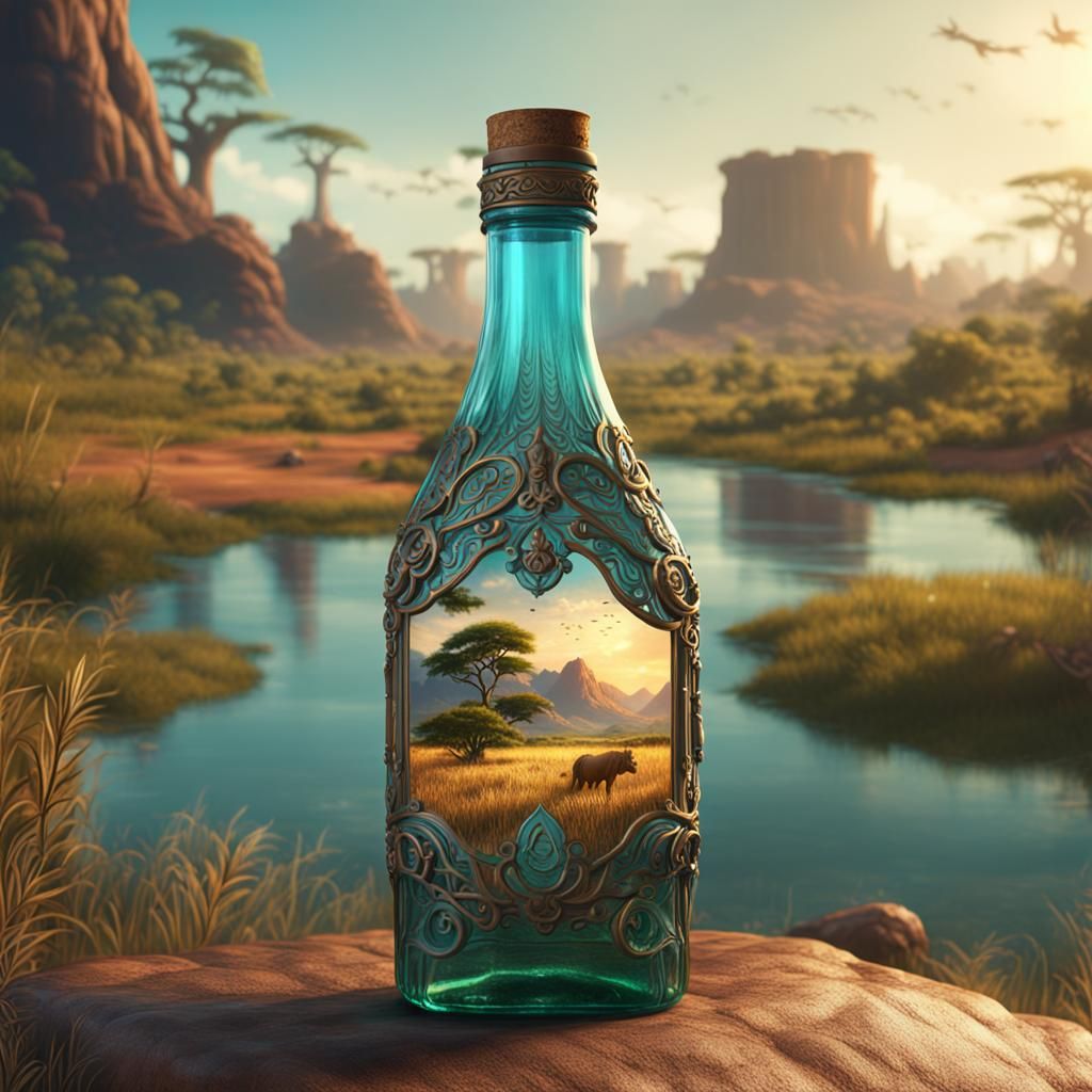 Glass Bottle in Savanna: Detailed Matte Painting