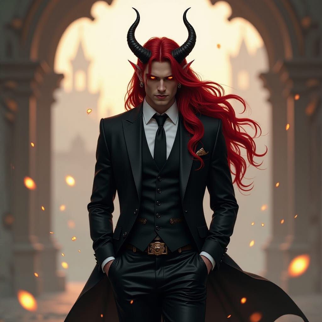 Dramatic Portrait of Tiefling with Flowing Red Hair