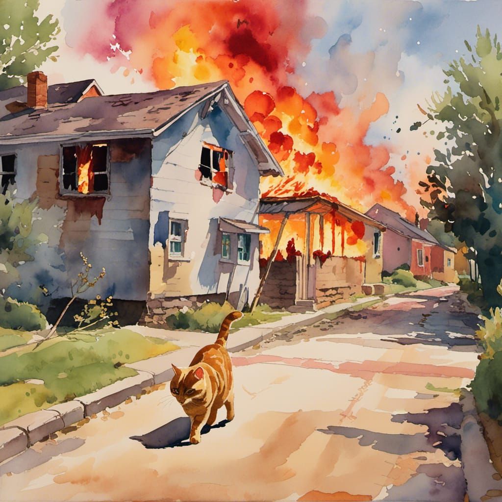 Cat Walks Away From Fire: Gouache Watercolor Style
