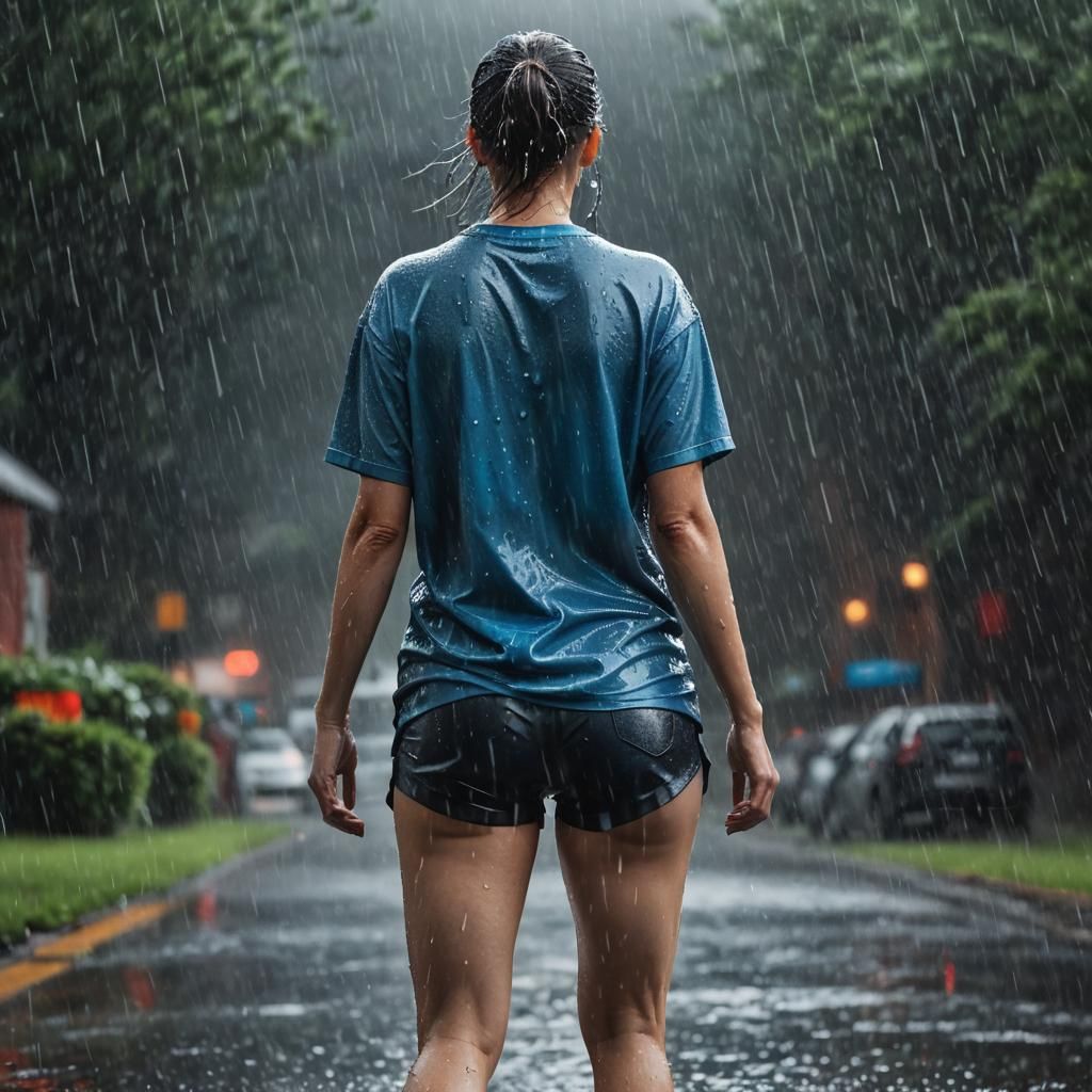 Woman in Rainstorm with Wet Clothing: Realistic Art
