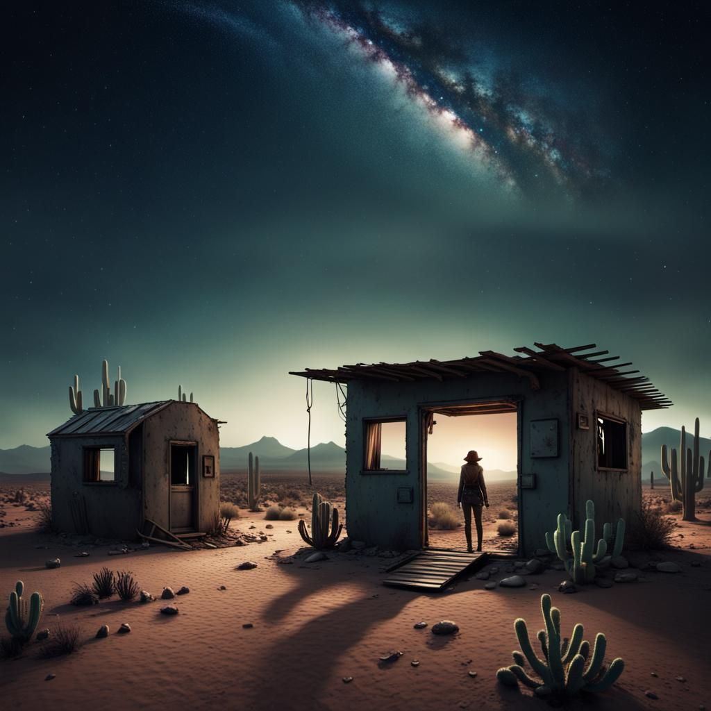 Lonely Explorer in Post-Apocalyptic Desert Night