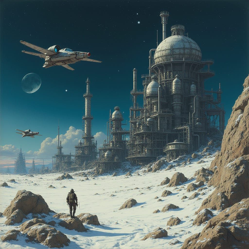 Hyper-Realistic Refinery Landscape Under Starry Night Sky