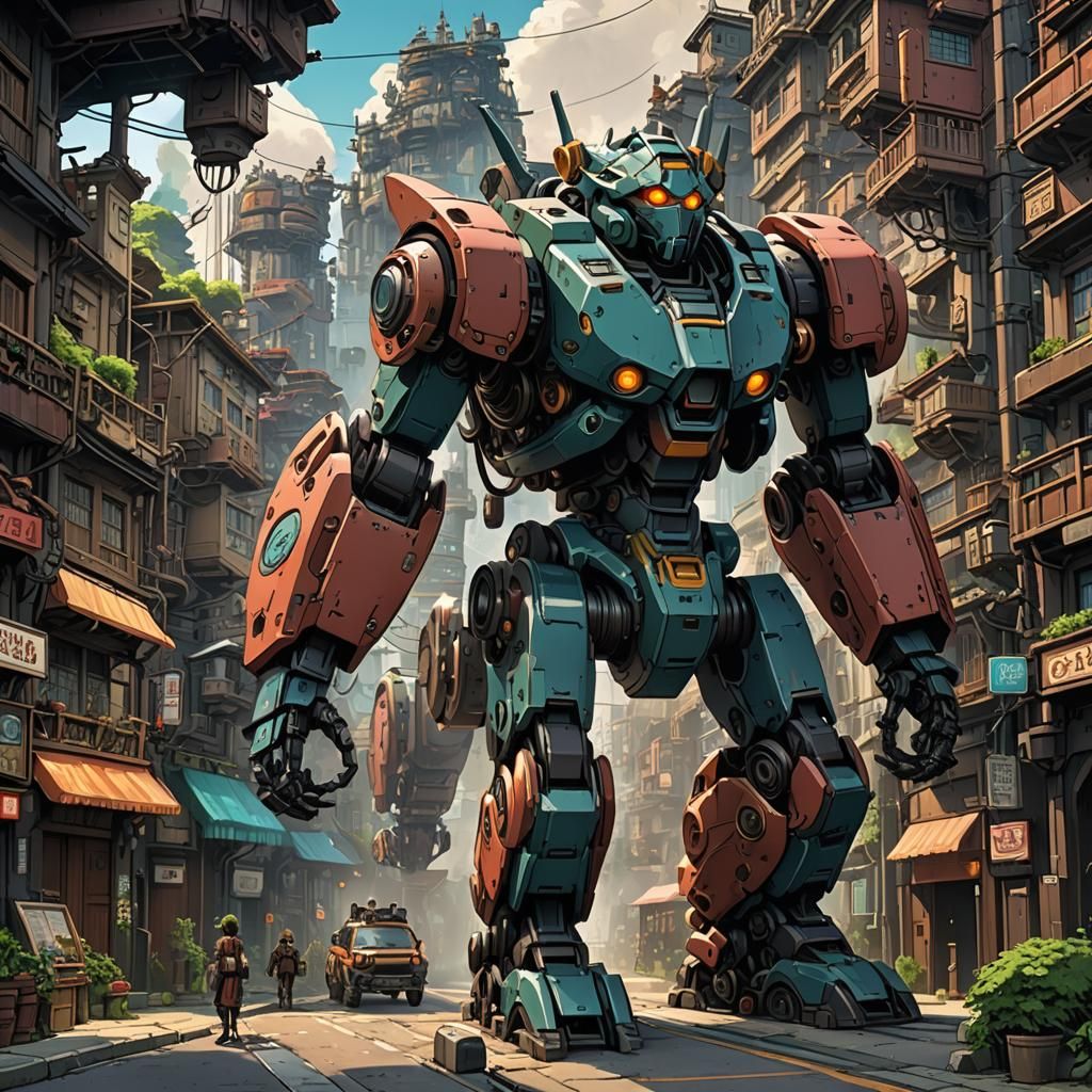 Ghibli-Style Comic Strip with Mechs