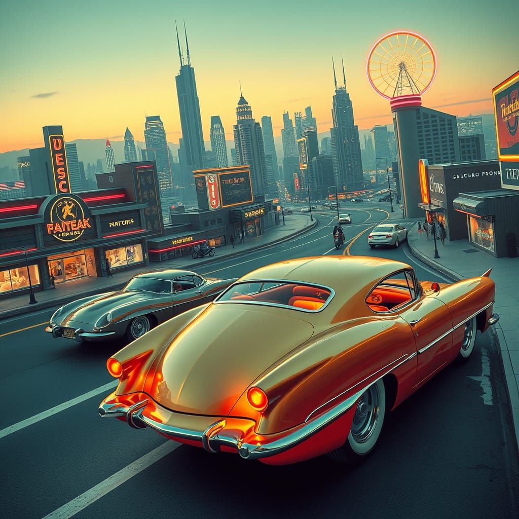 Futuristic 1950s Hot Rods in Retro Cityscape