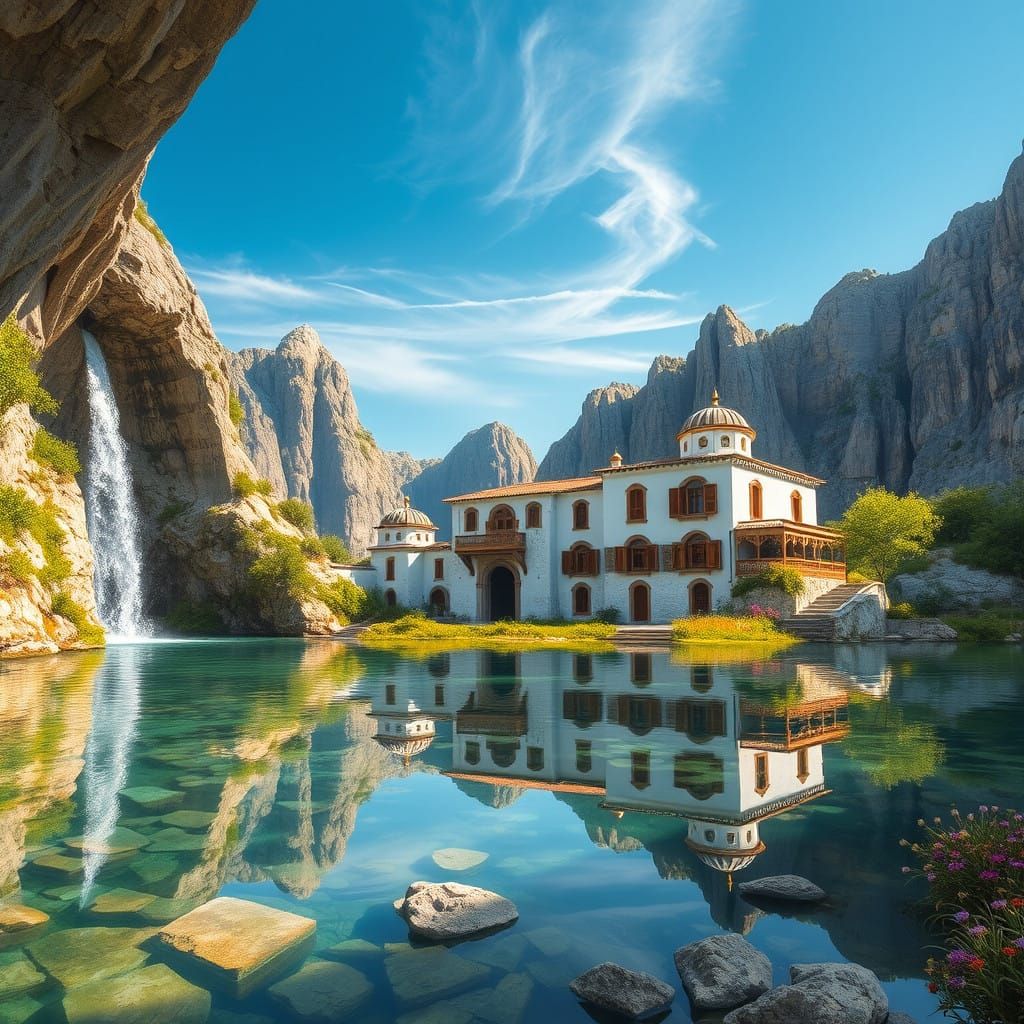 Whitewashed Ottoman Monastery Reflects in Crystal-Clear Rive...