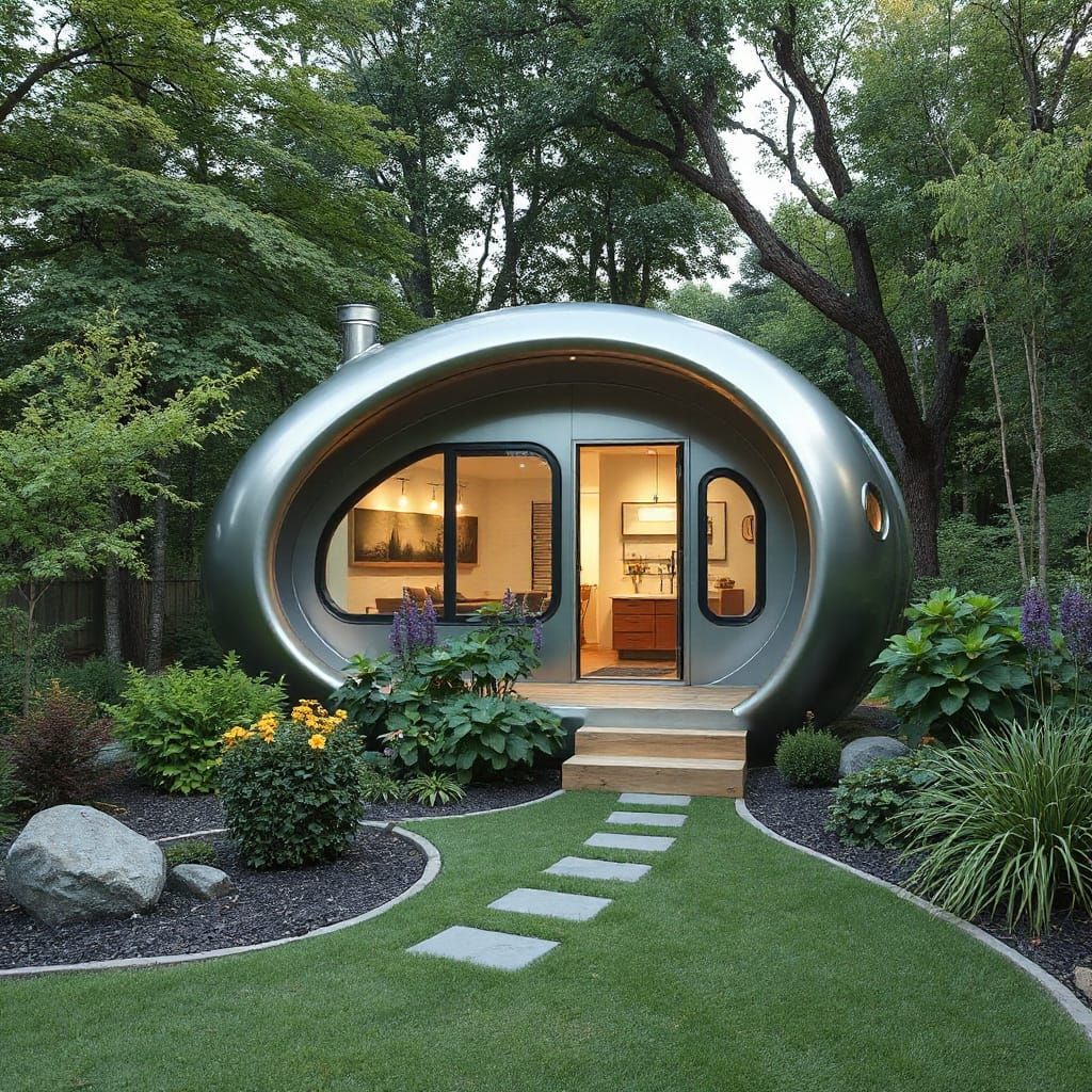 Futuristic Tiny Home Surrounded by Lush Greenery