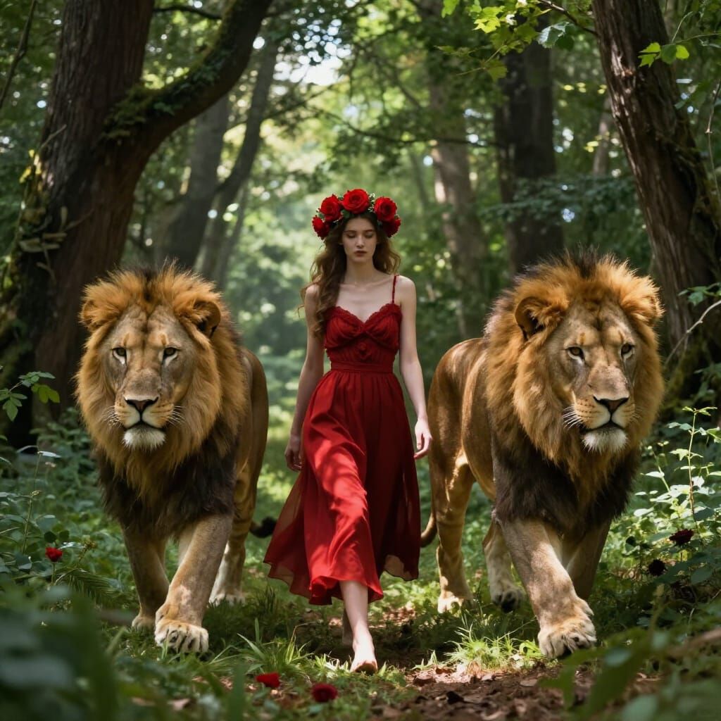 Woman with Lions in Ethereal Forest