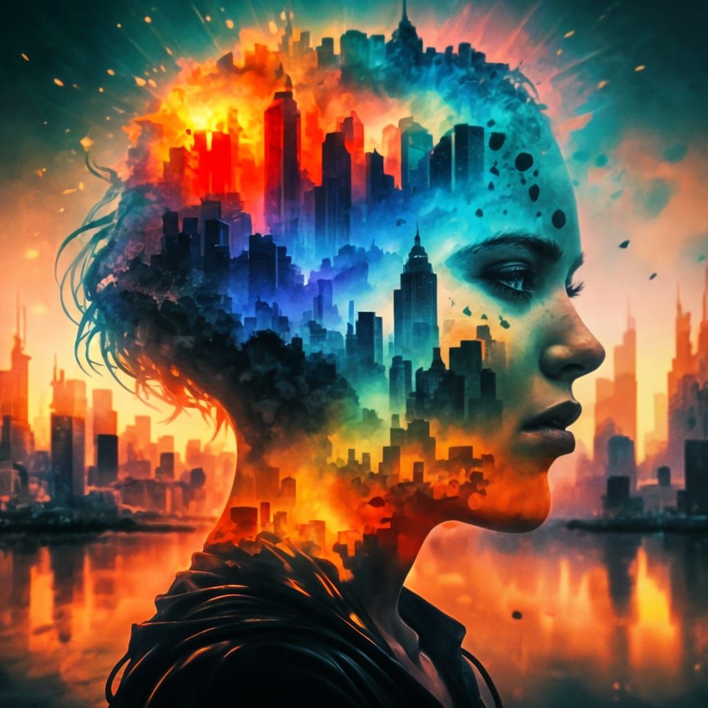 Surreal Double Exposure: City and Face