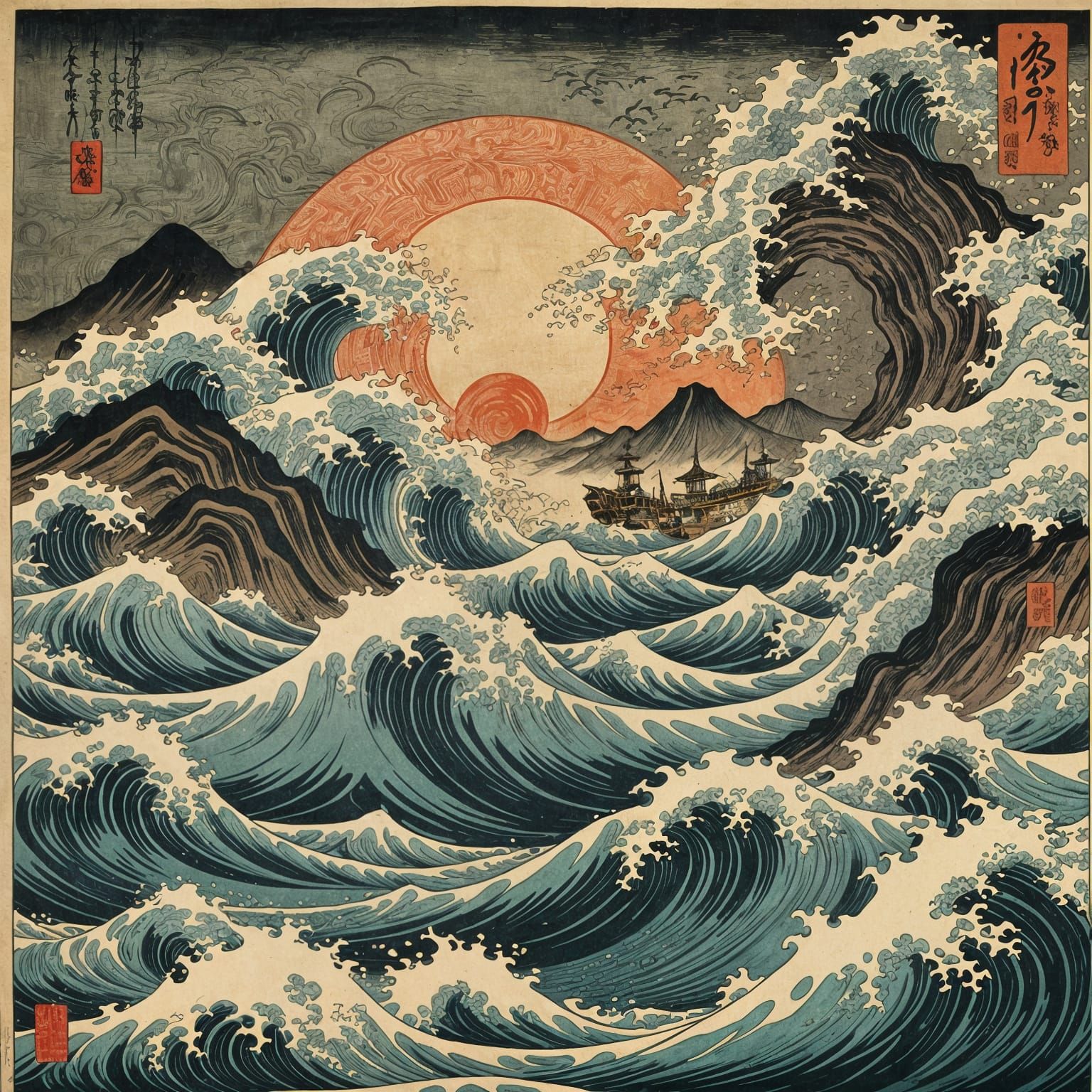 Feudal Japan Woodblock Print in Ukiyo-e Style