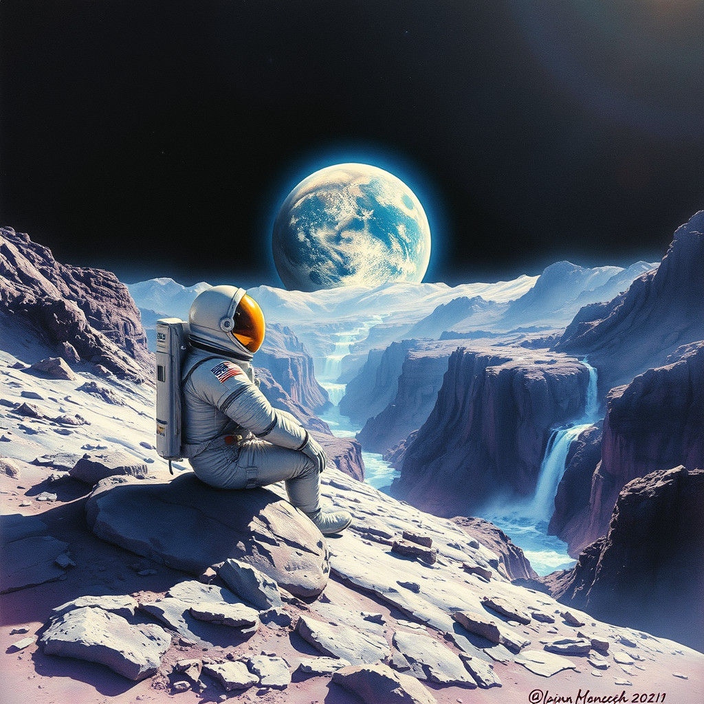 Astronaut Contemplates Earthrise on a Terraformed Moon
