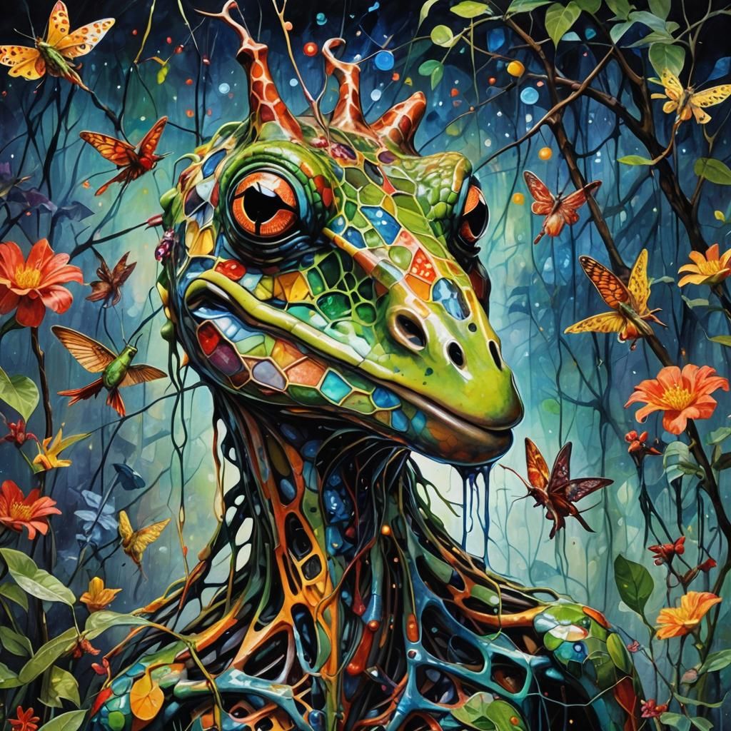 Surreal Frog Giraffe Hummingbird Hybrid in Noctilucent Color...