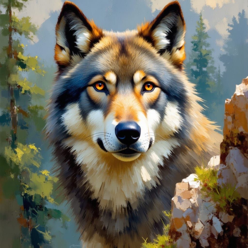 Wolf Portrait in Impressionistic Style Oil Painting