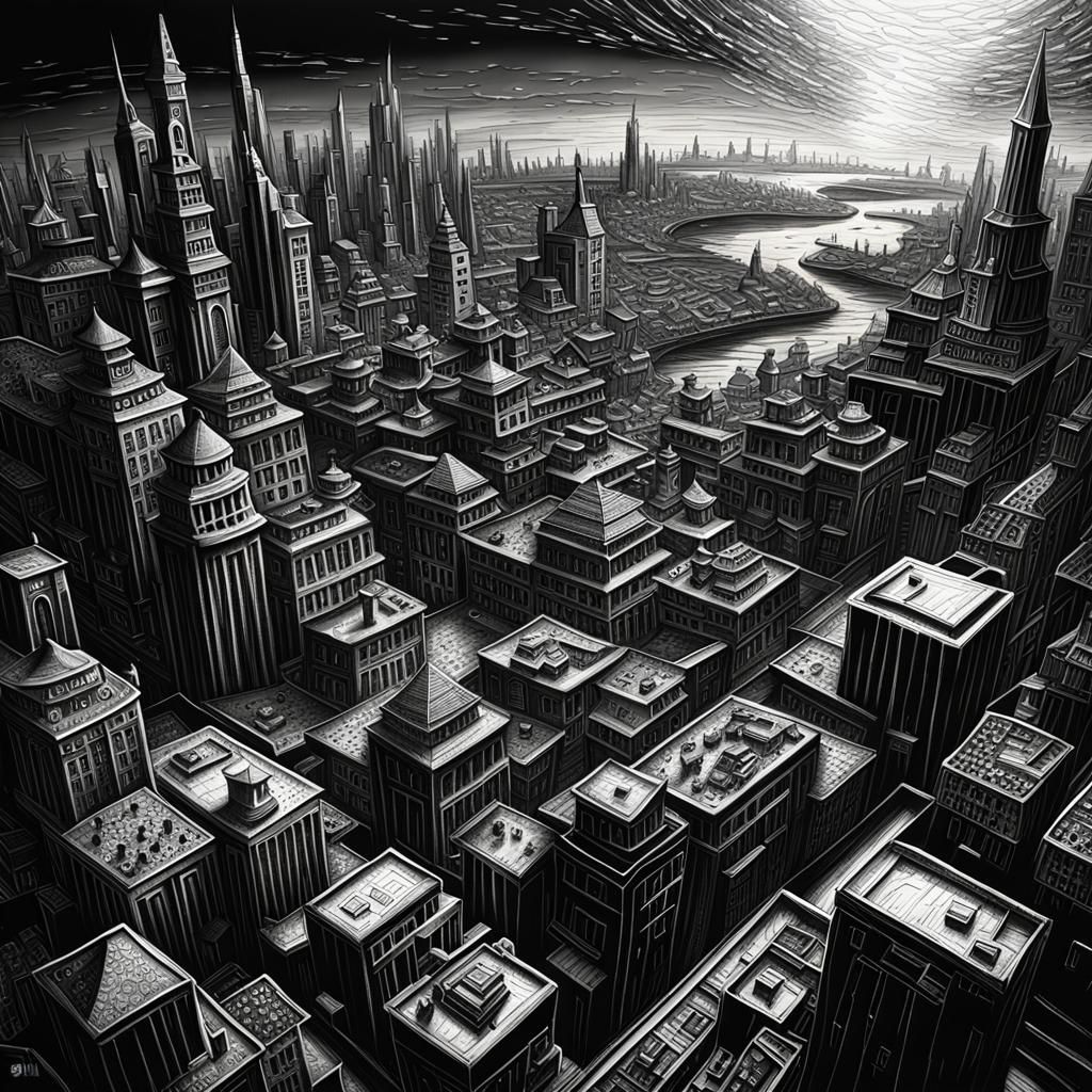 Underwater City: Hyperdetailed Charcoal Aerial View